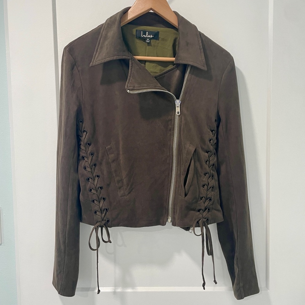 Brown Dark Olive Corset Lace Up Zip Suede Moto Jacket Bella Swan Twilight (M)